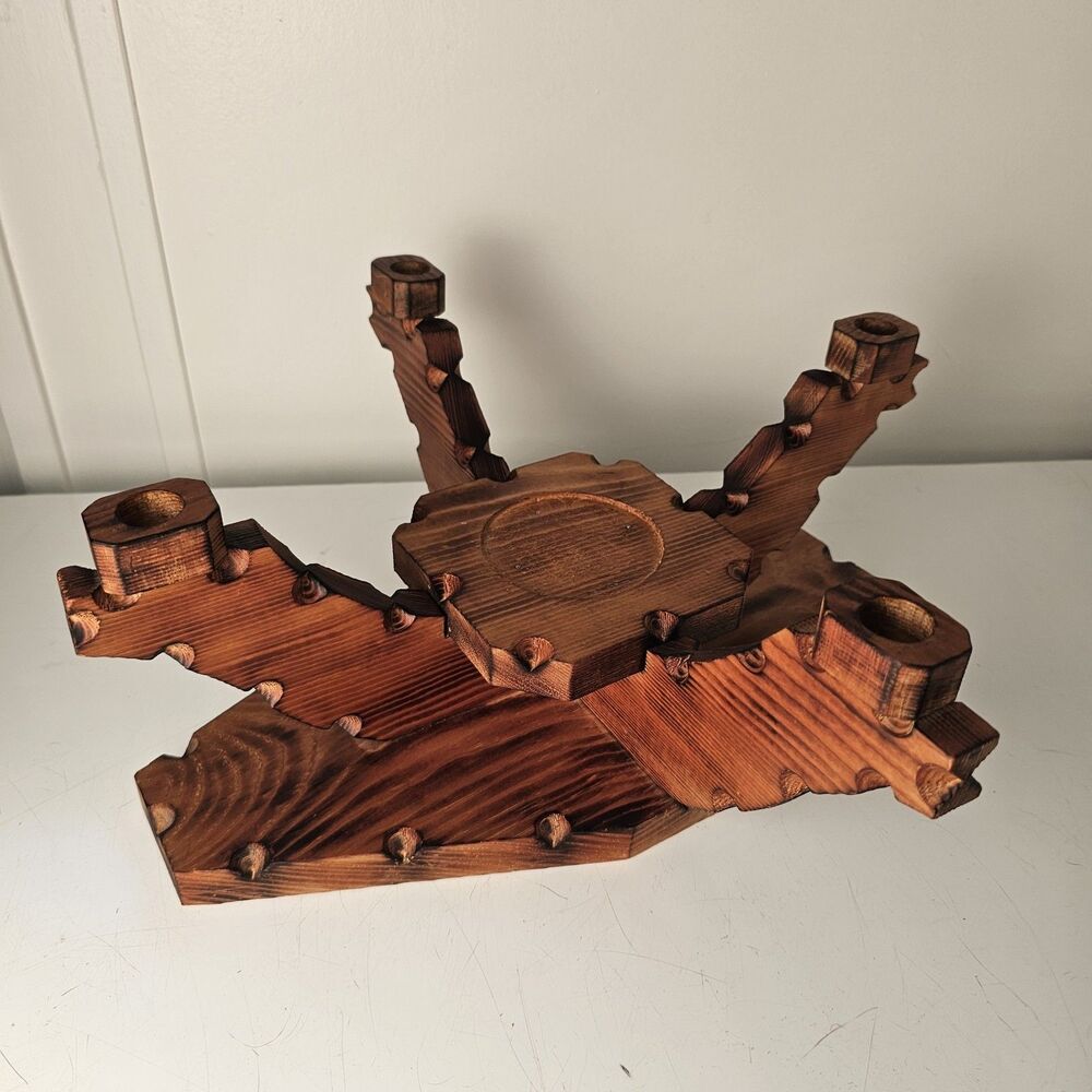 Vintage Hand-Carved Wooden 5-Candle Holder Scandinavian Folk Art Mid-Century